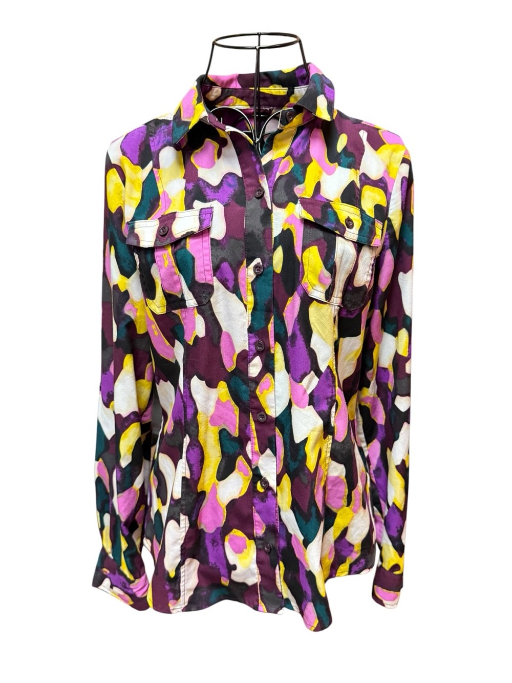 Vibrant Retro  Print Button-Up Blouse Purple, Yellow, Teal, White Medium no tags